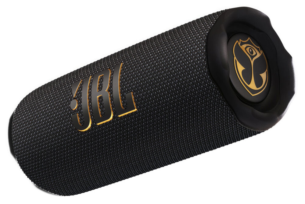 Głośnik mobilny JBL Flip 7 Tomorrowland — kompaktowe wymiary i niska waga do plecaka, głośnik mobilny po skosie na białym tle