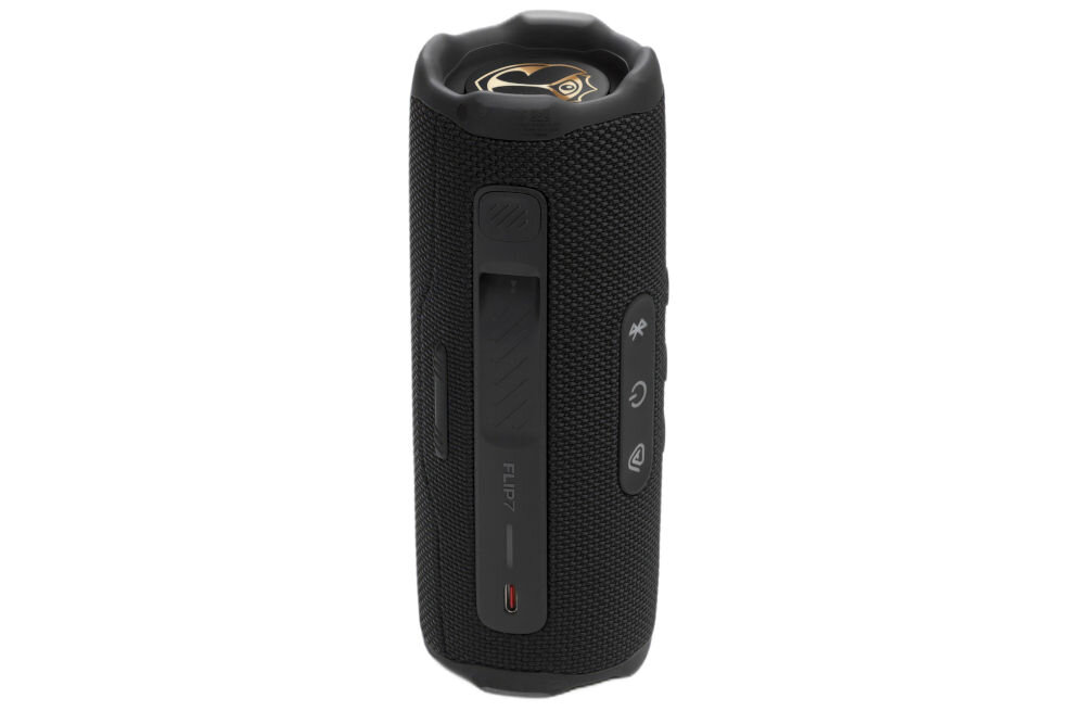 Głośnik mobilny JBL Flip 7 Tomorrowland z aplikacją JBL Portable — korektor EQ i podgląd baterii, głośnik mobilny ustawiony na sztorc na białym tle
