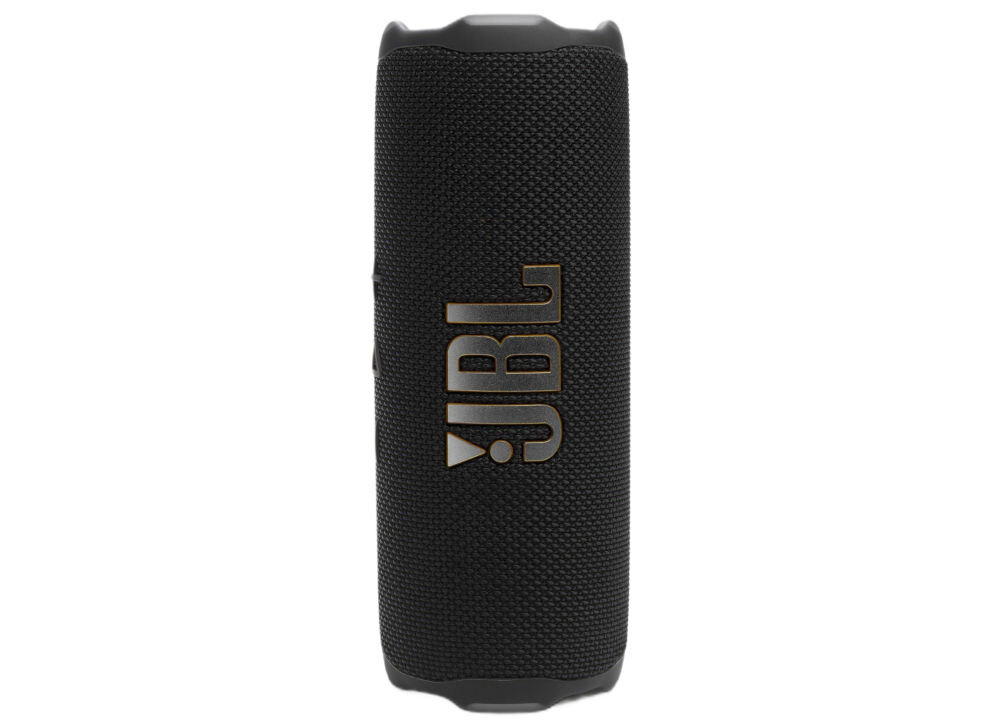 Głośnik mobilny JBL Flip 7 Tomorrowland — ładowanie USB-C 15 W i wbudowany akumulator, głośnik mobilny ustawiony na sztorc na białym tle