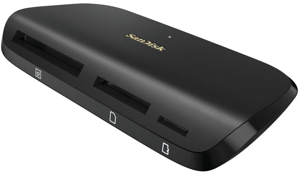 Czytnik kart SANDISK ImageMate PRO USB-C prezentacja czytnika na białym tle od strony wejść na karty obsługuje karty SD microSD CompactFlash UHS-I UHS-II profesjonalne studio codzienne użytkowanie