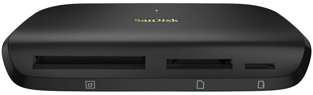 Czytnik kart SANDISK ImageMate PRO USB-C prezentacja czytnika na białym tle od strony wejść na karty plug and play szybkie uruchomienie bez sterowników