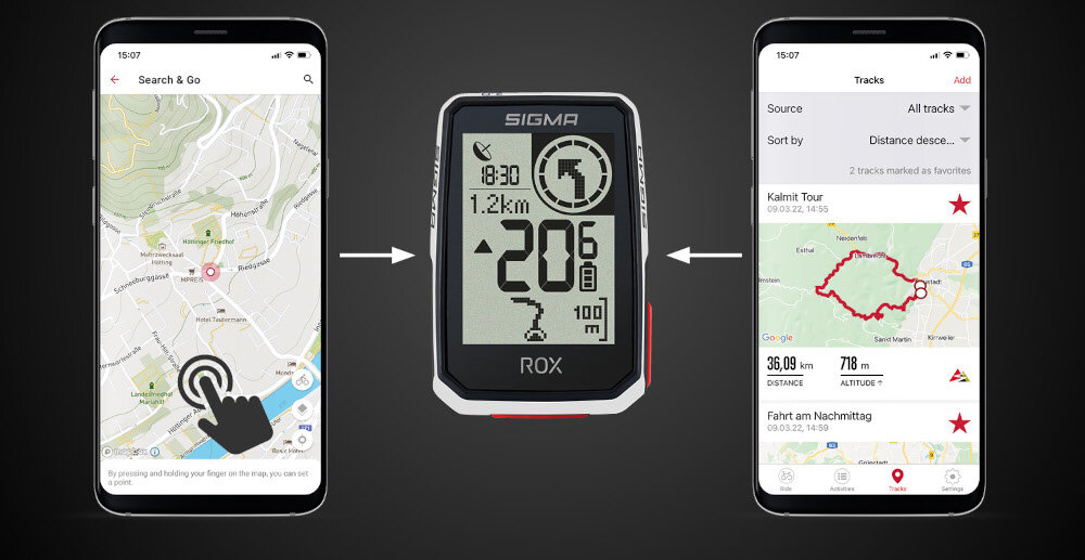 Licznik rowerowy SIGMA Rox 2.0 Top-Mount Set Aplikacja SIGMA RIDE trasa preferencje dostosowanie potrzeby SIGMA DATA CENTER Komoot Strava offline