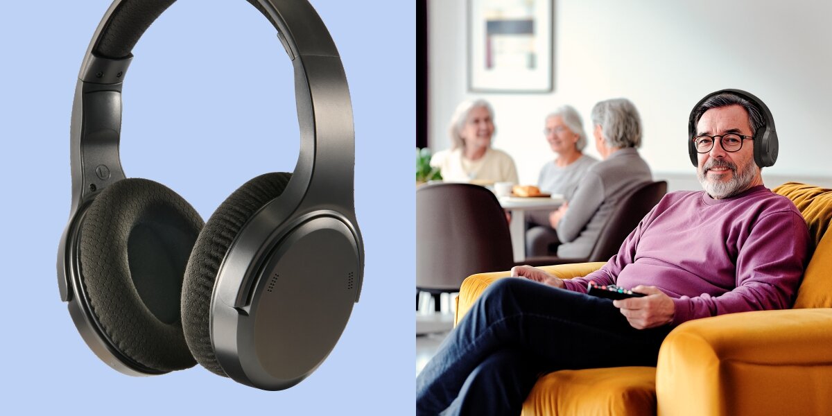 Słuchawki nauszne HAMA Over-Ear Czarny Zbliżenie na czarne słuchawki wokółuszne oraz mężczyzna relaksujący się w fotelu podczas oglądania telewizji.