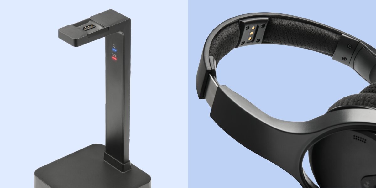 Słuchawki nauszne HAMA Over-Ear Czarny Detale konstrukcyjne: pionowa stacja ładująca z diodami LED oraz styki ładujące wewnątrz pałąka słuchawek.