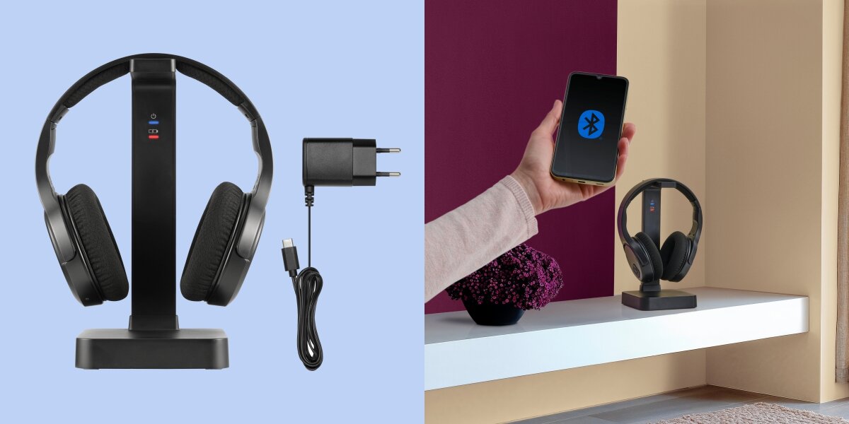 Słuchawki nauszne HAMA Over-Ear Czarny Zestaw słuchawkowy z ładowarką sieciową USB-C oraz smartfon łączący się ze słuchawkami przez Bluetooth.