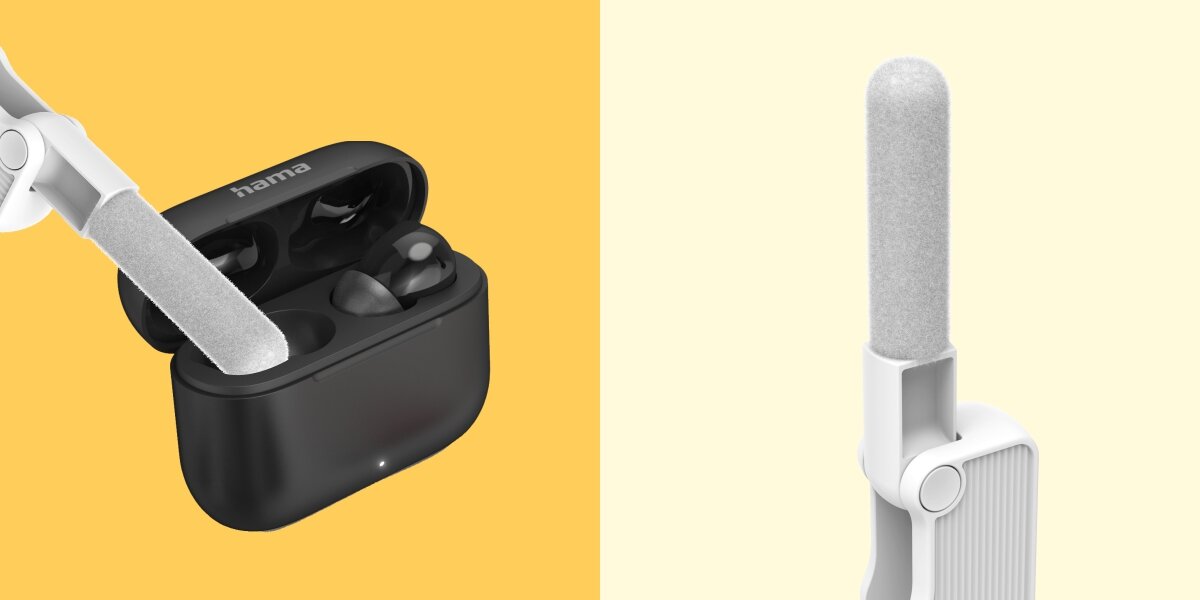 Zestaw czyszczący HAMA do słuchawek smartfonów i aparatów - Końcówki czyszczące, Silikonowa końcówka, długi pędzelek z plecionego materiału, mała szczoteczka z gęstym włosiem, Zestaw czyszczący po skosie na jasnym tle