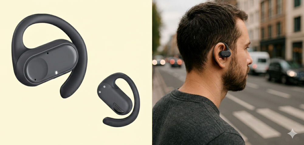 Słuchawki powietrzne HAMA Spirit Open Czarny Mężczyzna biegający w deszczu w słuchawkach sportowych oraz grafika słuchawek i etui odpornych na zachlapanie wodą.