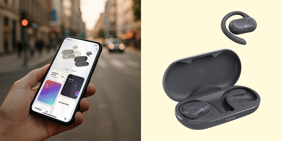 Słuchawki powietrzne HAMA Spirit Open Czarny Smartfon z otwartą aplikacją do sterowania dźwiękiem oraz słuchawki sportowe umieszczone wewnątrz otwartego etui ładującego.