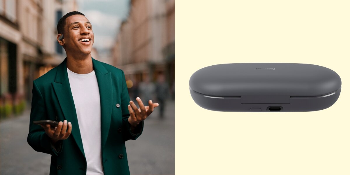 Słuchawki powietrzne HAMA Spirit Open Czarny Uśmiechnięty mężczyzna idący ulicą w słuchawkach bezprzewodowych oraz widok na port ładowania USB-C w etui słuchawek.
