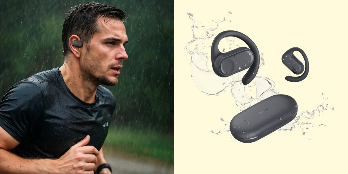 Słuchawki powietrzne HAMA Spirit Open Czarny Mężczyzna biegający w deszczu w słuchawkach sportowych oraz grafika prezentująca wodoodporność słuchawek i etui.