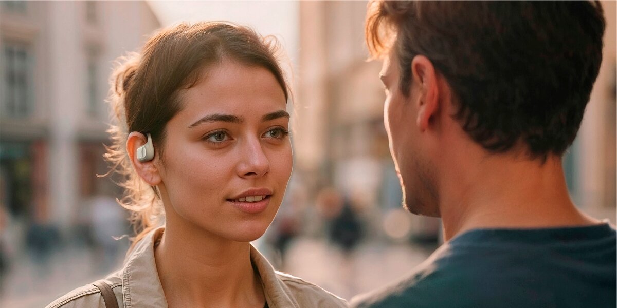 Słuchawki powietrzne HAMA Spirit Open Piaskowy Mężczyzna w ciemnozielonej marynarce korzysta z dousznych słuchawek sportowych z zausznikami podczas siedzenia na zewnątrz.