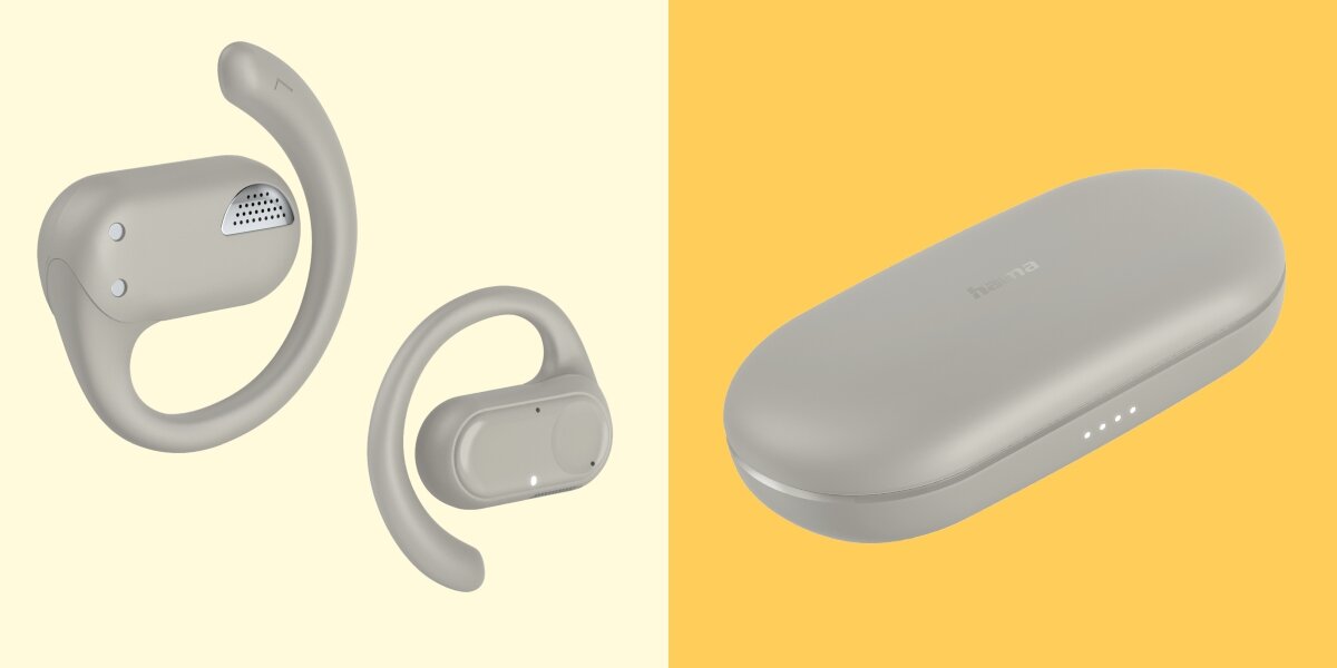 Słuchawki powietrzne HAMA Spirit Open Piaskowy Słuchawki typu Open-Ear z elastycznymi pałąkami oraz zamknięte etui ładujące z logo Hama i wskaźnikiem baterii LED.