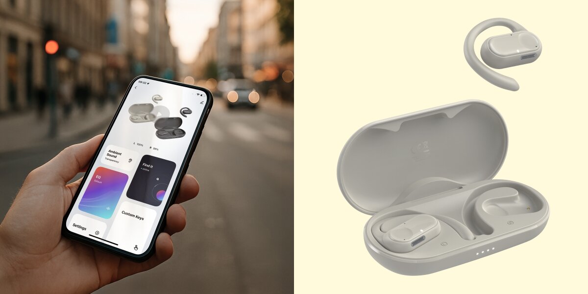 Słuchawki powietrzne HAMA Spirit Open Piaskowy Smartfon z otwartą aplikacją do sterowania dźwiękiem oraz słuchawki sportowe umieszczone wewnątrz otwartego etui ładującego.