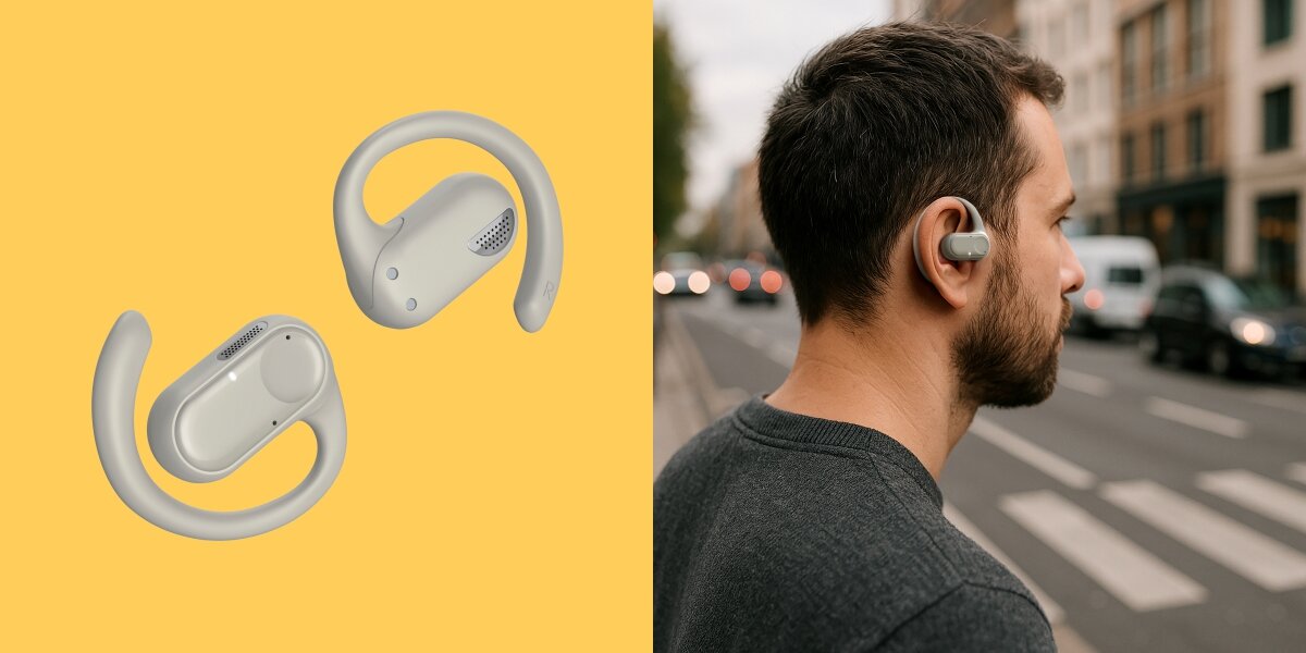 Słuchawki powietrzne HAMA Spirit Open Piaskowy Mężczyzna biegający w deszczu w słuchawkach sportowych oraz grafika słuchawek i etui odpornych na zachlapanie wodą.