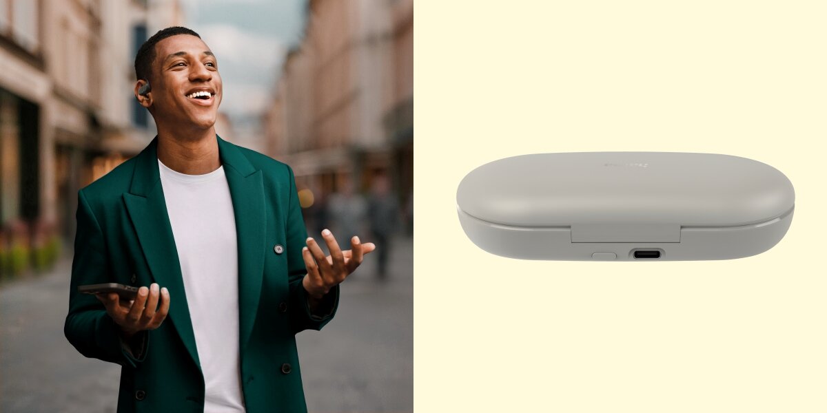 Słuchawki powietrzne HAMA Spirit Open Piaskowy Uśmiechnięty mężczyzna idący ulicą w słuchawkach bezprzewodowych oraz widok na port ładowania USB-C w etui słuchawek.