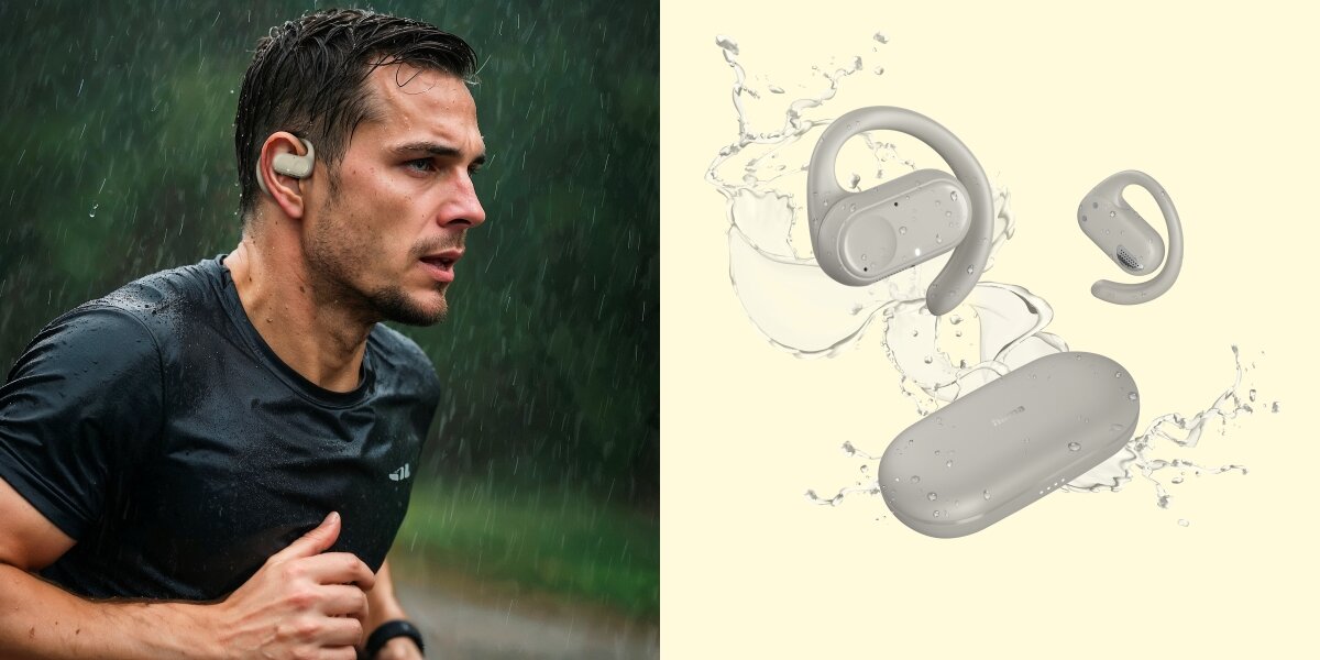 Słuchawki powietrzne HAMA Spirit Open Piaskowy Mężczyzna biegający w deszczu w słuchawkach sportowych oraz grafika prezentująca wodoodporność słuchawek i etui.