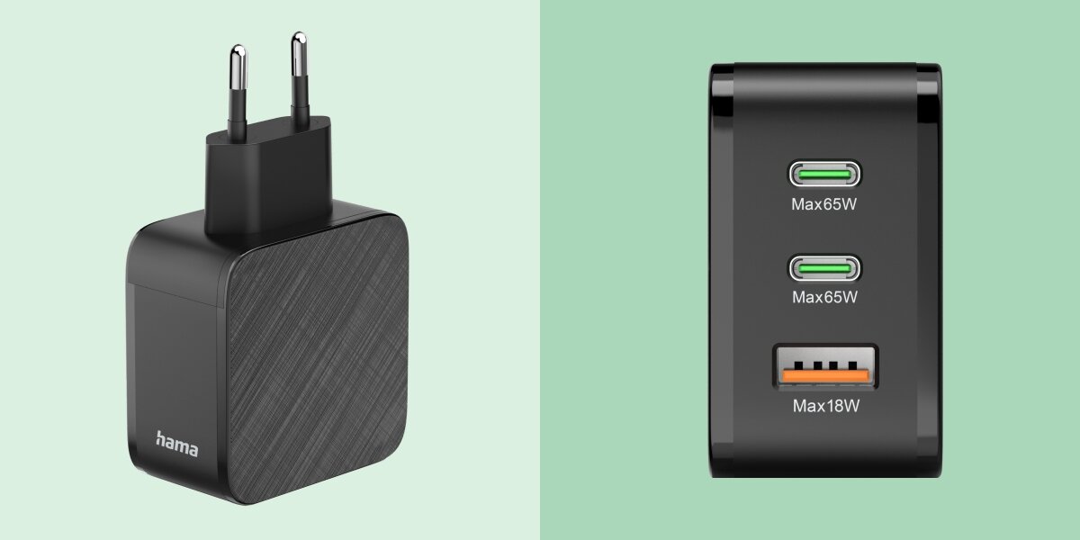 Ładowarka sieciowa HAMA Entry Level 65W Czarny Widok na porty ładowarki Hama: dwa gniazda USB-C o mocy do 65W każde oraz jedno gniazdo USB-A o mocy do 18W.