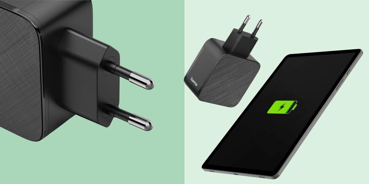 Ładowarka sieciowa HAMA Entry Level 65W Czarny Ładowarka Hama obok tabletu z ikoną szybkiego ładowania na ekranie oraz zbliżenie na standardową wtyczkę europejską.