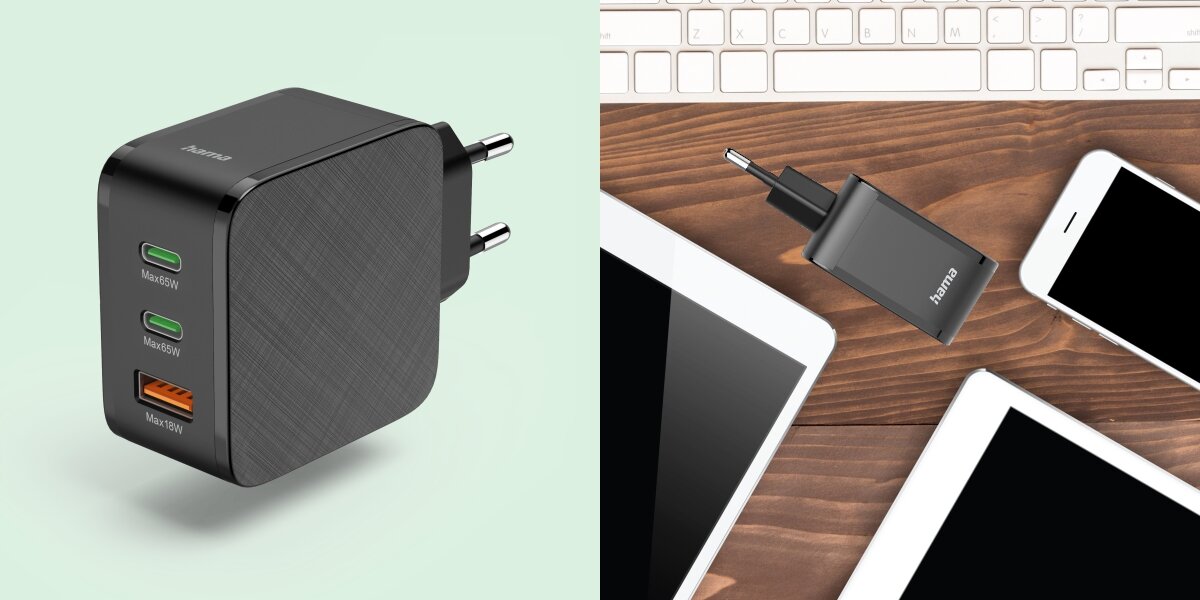 Ładowarka sieciowa HAMA Qualcomm Quick Charge 65W Kompaktowa ładowarka Hama GaN o mocy 65W pokazana w dwóch ujęciach: jako produkt na jasnym tle oraz jako element stanowiska pracy obok klawiatury, smartfona i tabletów, podkreślająca uniwersalność zastosowań. 