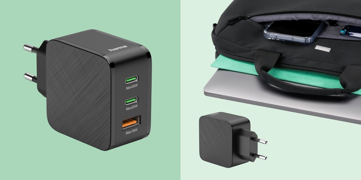 Ładowarka sieciowa HAMA Qualcomm Quick Charge 65W Prezentacja mobilności ładowarki Hama: widok na trzy porty ładowania (2x USB-C, 1x USB-A) oraz ujęcie produktu obok torby na laptopa, sugerujące idealne rozwiązanie do pracy zdalnej i podróży. 