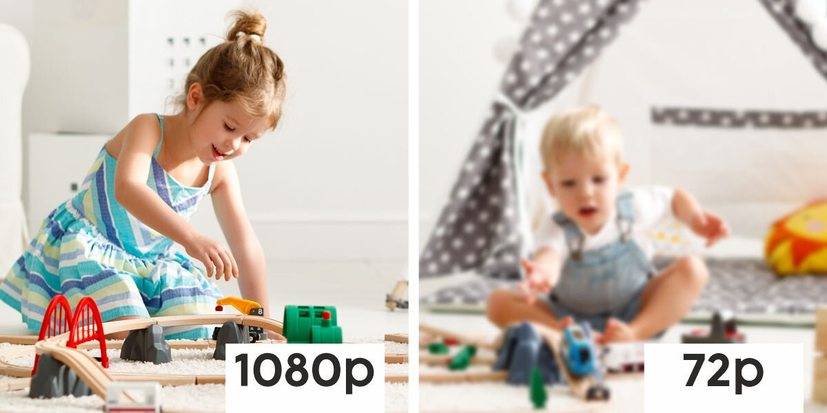 Obraz przedstawia dwa zdjęcia dzieci bawiących się zabawkami, z oznaczeniami jakości obrazu: \'1080p\' po lewej i \'72p\' po prawej.