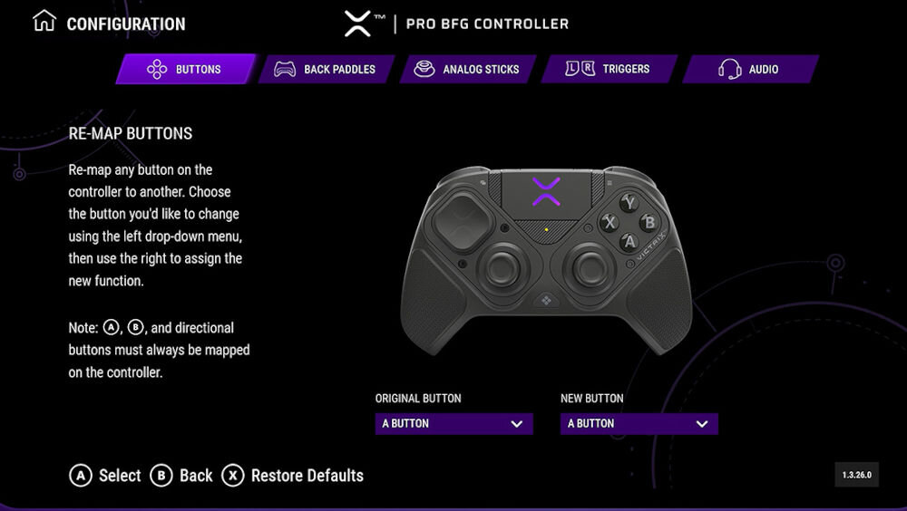 Kontroler TURTLE BEACH Victrix Pro BFG Reloaded Czarny pokazanie okna aplikacji oprogramowanie na PC aplikacja Victrix Control Hub proste w użytku