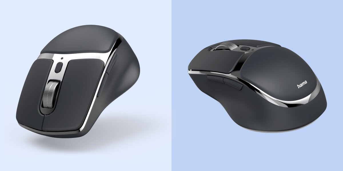 Mysz HAMA WM-800 Czarny Elegancka mysz bezprzewodowa Hama w kolorze antracytowym z chromowanymi wstawkami. Zdjęcia pod różnymi kątami podkreślają wysoki profil obudowy wspierający nadgarstek i nowoczesny design.