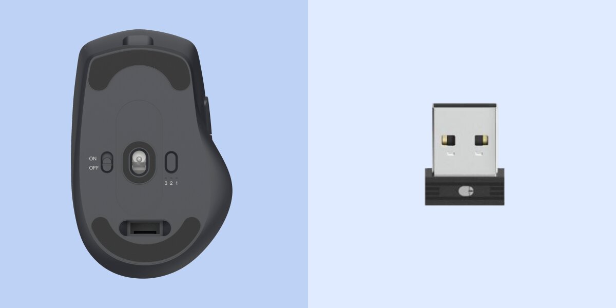 Mysz HAMA WM-800 Czarny Widok na spód myszki z przełącznikiem ON/OFF, sensorem optycznym i przyciskiem parowania dla 3 urządzeń. Obok zbliżenie na miniaturowy odbiornik USB nanoodbiornik z logo myszki.