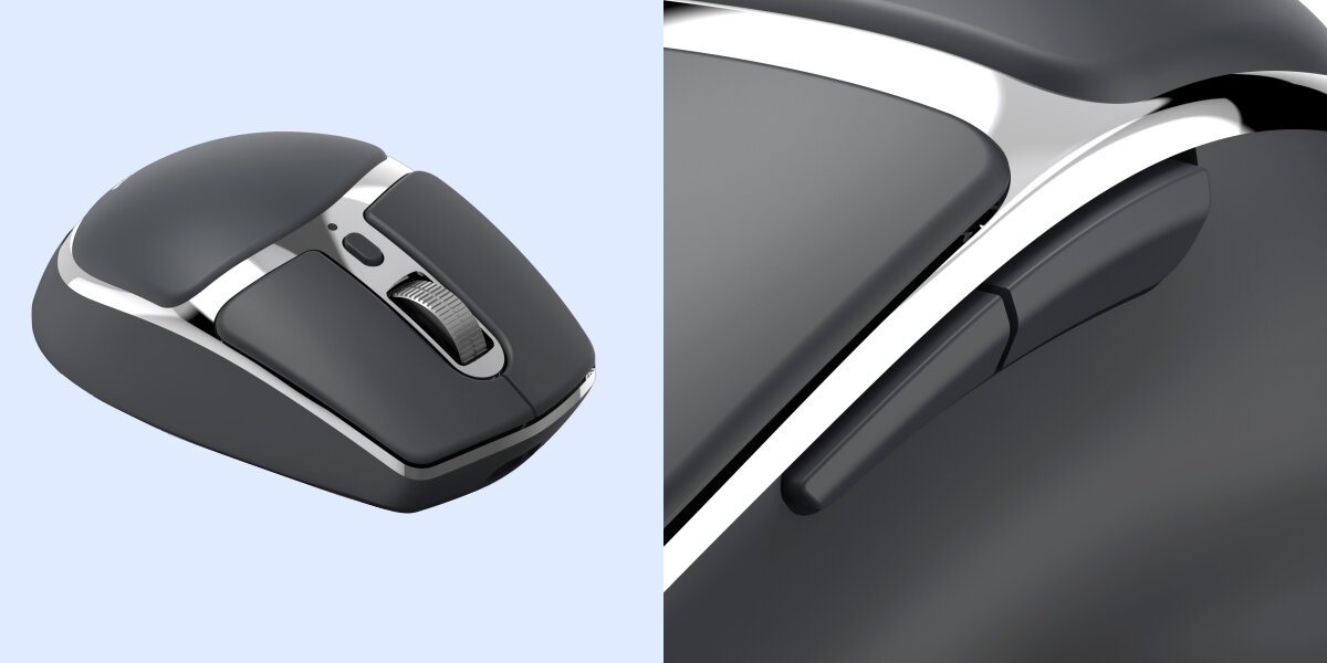 Mysz HAMA WM-800 Czarny Detale myszy komputerowej: po lewej widok na metalowe kółko przewijania i przycisk DPI, po prawej duże powiększenie na gumowane przyciski boczne ułatwiające nawigację w przeglądarce.