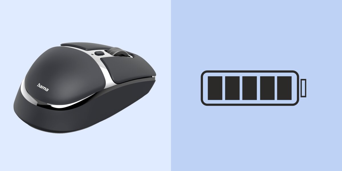 Mysz HAMA WM-800 Czarny Myszka bezprzewodowa z ikoną w pełni naładowanej baterii. Ilustracja podkreśla długi czas pracy na jednym ładowaniu lub funkcję szybkiego ładowania przez kabel USB-C.