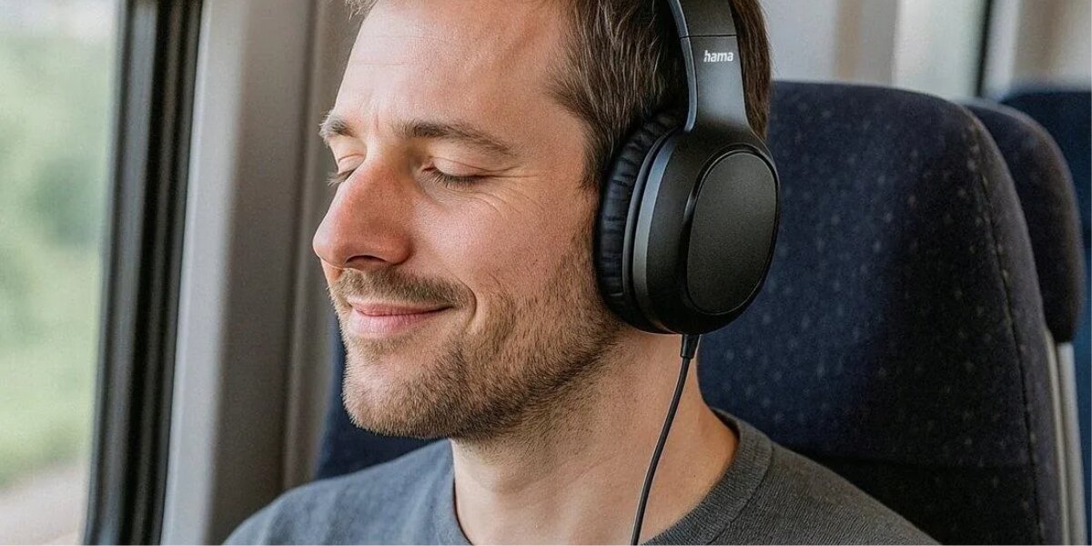 Słuchawki nauszne HAMA OnEar Stereo HP Fun II Czarny Mężczyzna z zamkniętymi oczami relaksuje się w pociągu, mając na uszach czarne słuchawki nauszne Hama z kablem.