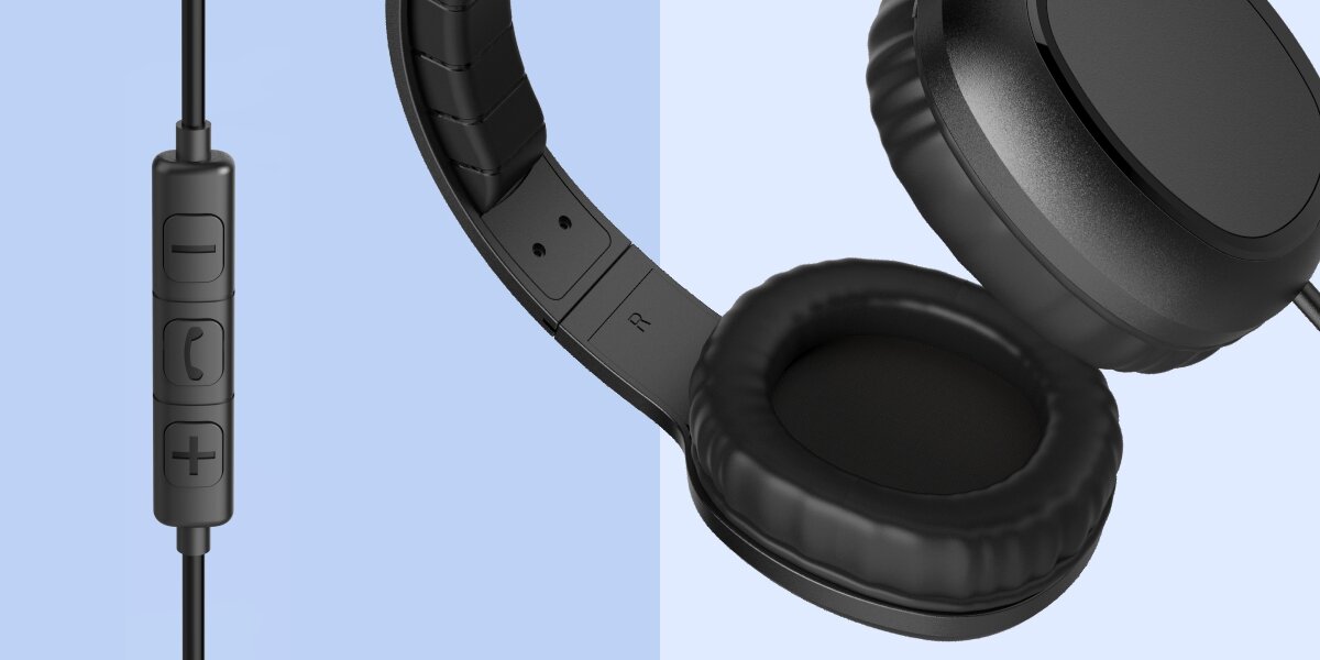 Słuchawki nauszne HAMA OnEar Stereo HP Fun II Czarny Detale słuchawek nausznych Hama: miękka poduszka nauszna, oznaczenie strony R oraz przyciski sterujące na przewodzie.