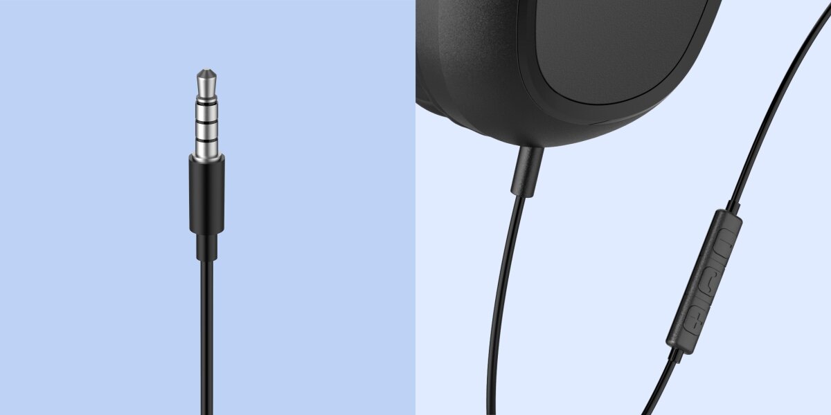 Słuchawki nauszne HAMA OnEar Stereo HP Fun II Czarny Zbliżenie na pozłacany wtyk Jack 3,5 mm oraz pilot zdalnego sterowania słuchawek przewodowych Hama.