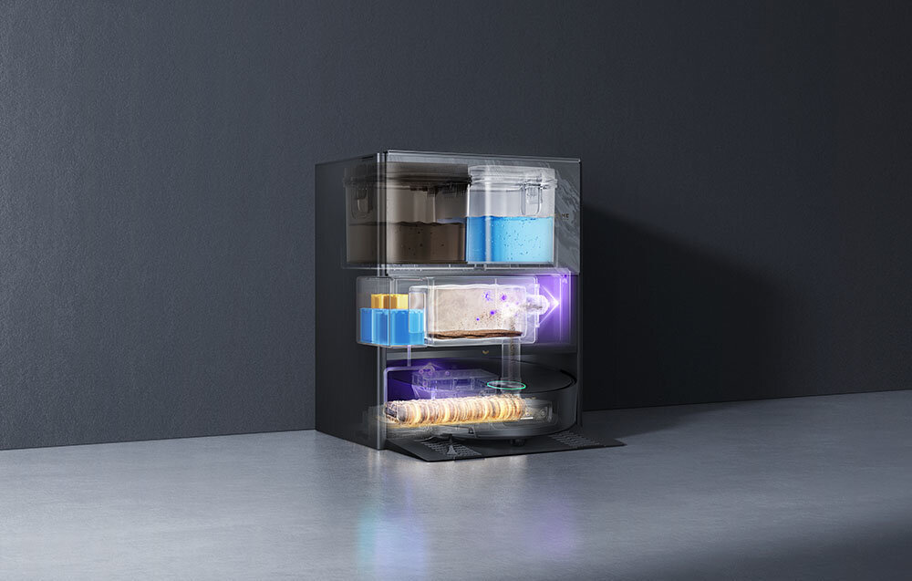 Robot sprzątający DREAME Aqua 10 Ultra Track Complete Czarny Przemyślany system dla kurzu Stacja PowerDock™ opróżnia zbiornik na kurz i suszy worek gorącym powietrzem czas