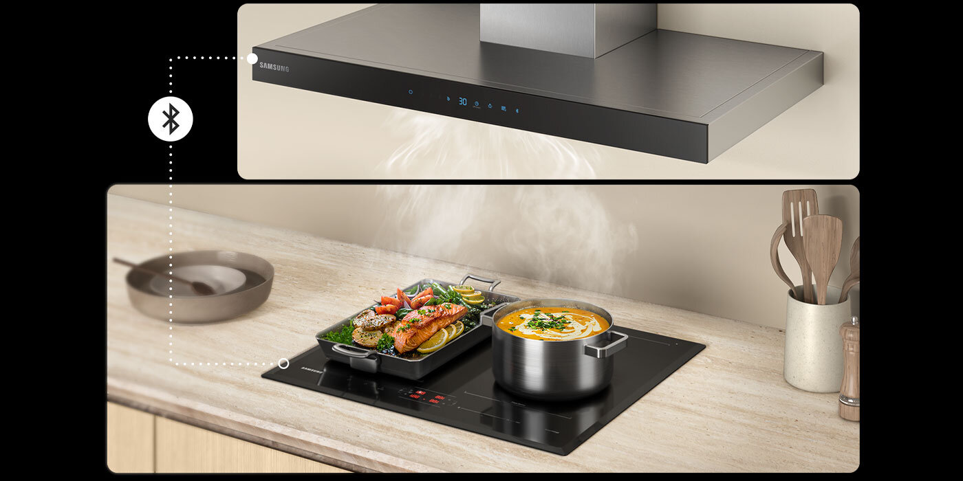 Ilustracja bezprzewodowego połączenia płyty z okapem za pomocą Bluetooth 