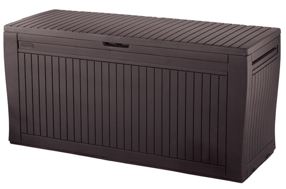 Skrzynia ogrodowa KETER Comfy 17202623 Antracytowy z wysokiej jakości polipropylen imituje naturalne drewno nie wymaga konserwacji system JUST CLICK AND GO montaż na zatrzaski