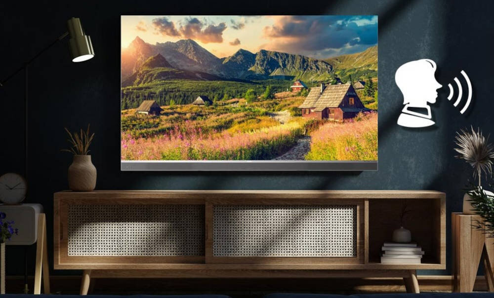 Telewizor HAIER H65M95EUX Asystent Google sterowanie głosowe, telewizor wiszący na ścianie nad komodą