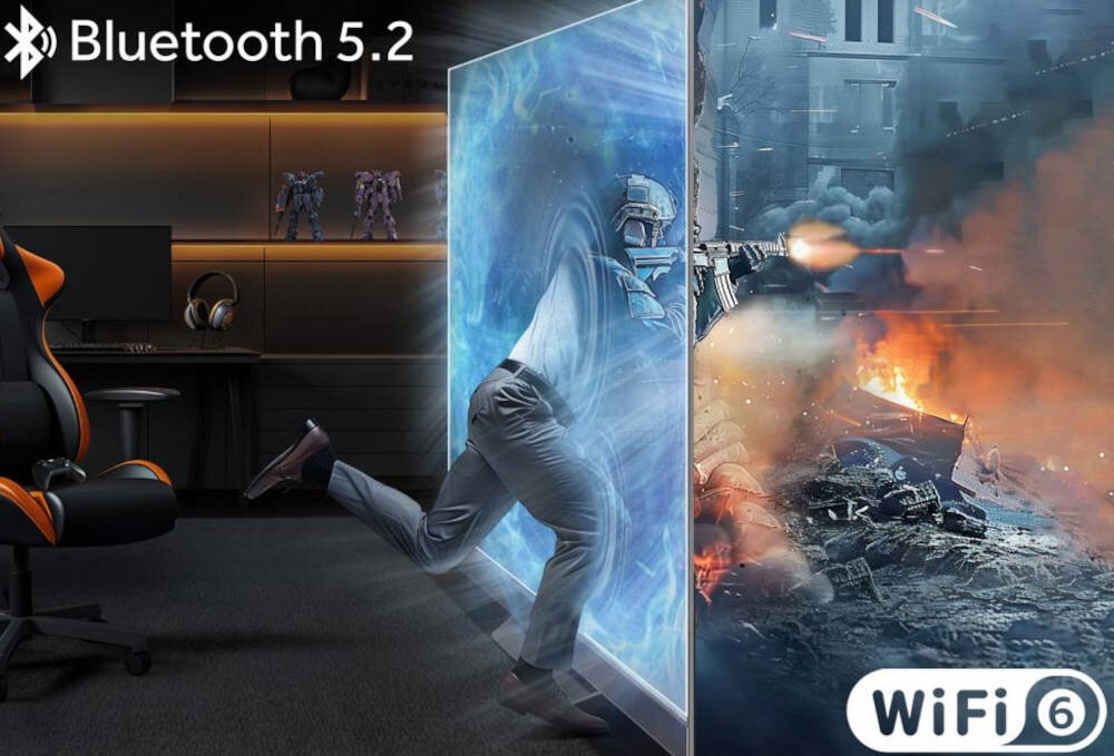 Telewizor HAIER H65M95EUX Wi-Fi 6 Bluetooth 5.2 szybka łączność, osoba wchodzaca w ekran telewizora z bronią