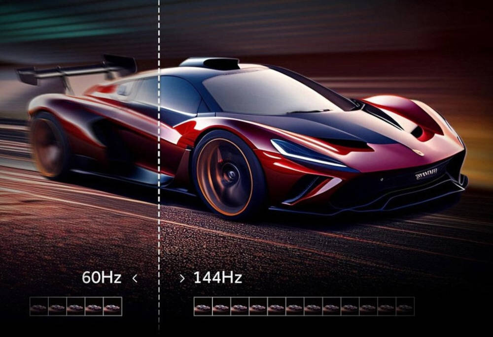 Telewizor HAIER H65M95EUX odświeżanie 144 Hz VRR płynny obraz, samochód sportowy jadący po szosie