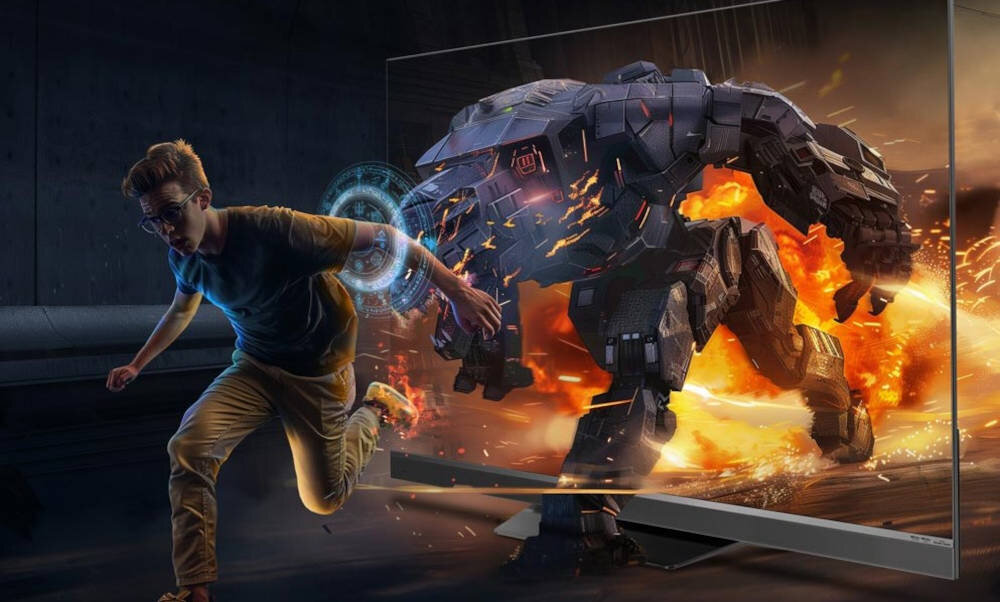 Telewizor HAIER H65M95EUX tryb Game Mode szybka reakcja, osoba wychodząca z telewizora wraz z humanoidalnym robotem