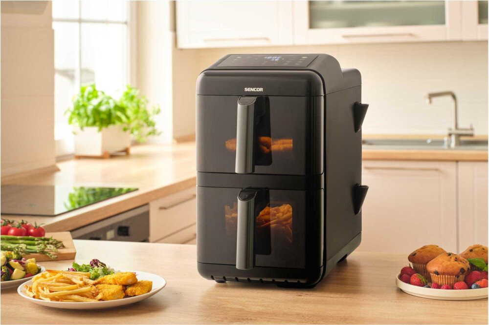 Air Fryer Frytkownica beztłuszczowa SENCOR SFR 1250BK 11.6l z podwójnym koszem, 10 automatycznymi programami i okienkiem do obserwacji postępów wygląd design prezentacja wizualizacja Zdrowe gotowanie