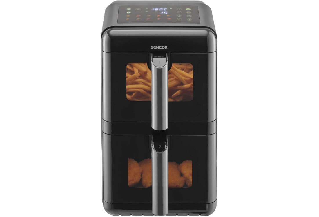 Air Fryer Frytkownica beztłuszczowa SENCOR SFR 1250BK 11.6l z podwójnym koszem, 10 automatycznymi programami i okienkiem do obserwacji postępów Synchronizacja dań Funkcja SyncFinish cały posiłek trafia na stół w tym samym momencie ułatwienie organizacja posiłki