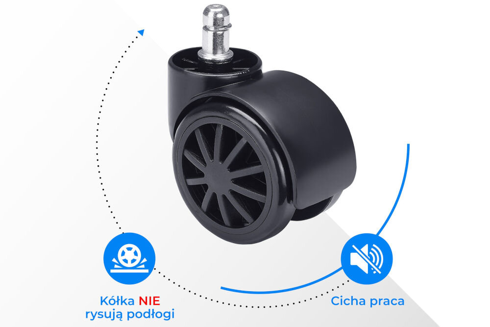 Obraz przedstawia czarne kółko do fotela z metalowym trzpieniem. Na obrazie widnieje tekst: \'Kółka NIE rysują podłogi\' oraz \'Cicha praca\'.
