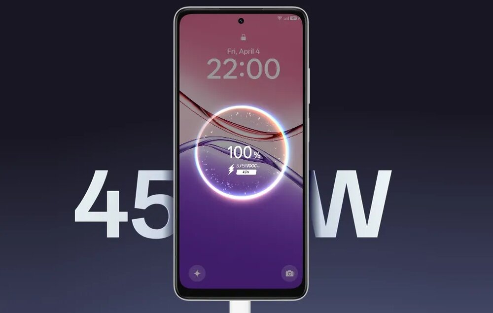 Na obrazie widoczny jest smartfon z ekranem wyświetlającym godzinę 22:00 i datę Fri, April 4. Na ekranie znajduje się także wskaźnik naładowania baterii pokazujący 100% oraz napis \'SUPERVOOC 45W\'.