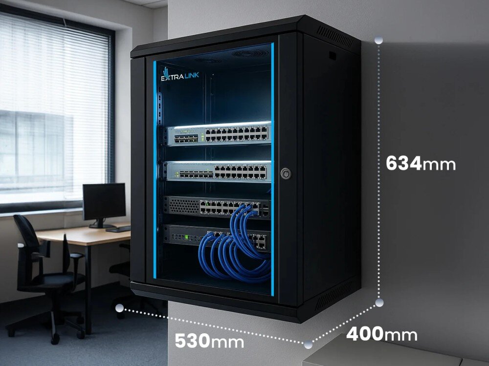 Na obrazie widoczna jest czarna szafa RACK z logo EXTRALINK, zawierająca sprzęt sieciowy i niebieskie kable. Wymiary szafy to 634 mm wysokości, 530 mm szerokości i 400 mm głębokości.