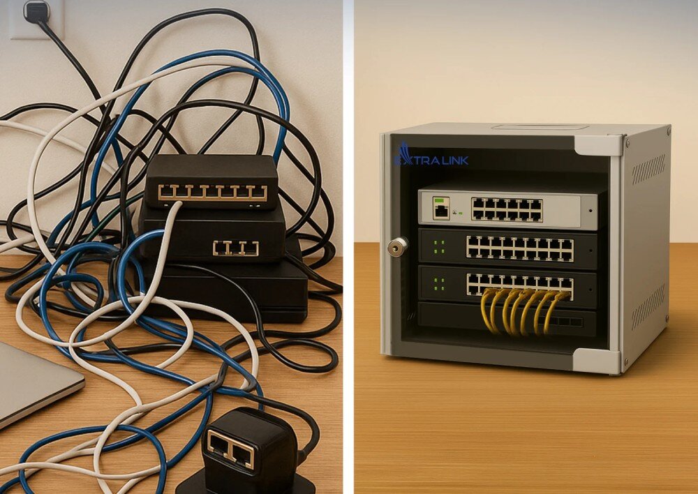 Szafa RACK EXTRALINK Porównanie bałaganu w okablowaniu po lewej stronie z uporządkowanym sprzętem sieciowym wewnątrz szafki rack po prawej stronie na drewnianym blacie