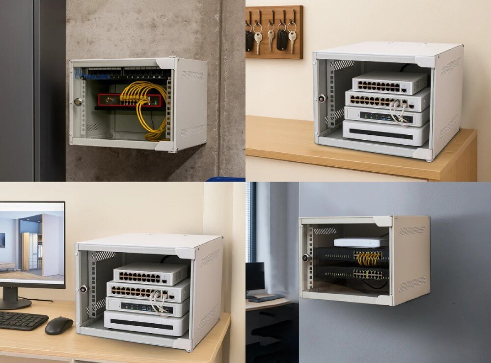 Szafa RACK EXTRALINK Zestawienie czterech fotografii pokazujących szafkę rack zamontowaną na ścianie oraz ustawioną na meblach w różnych wnętrzach mieszkalnych i biurowych