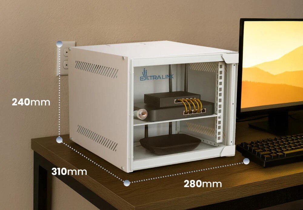 Szafa RACK EXTRALINK Widok szafki rack na biurku z naniesionymi wymiarami zewnętrznymi
