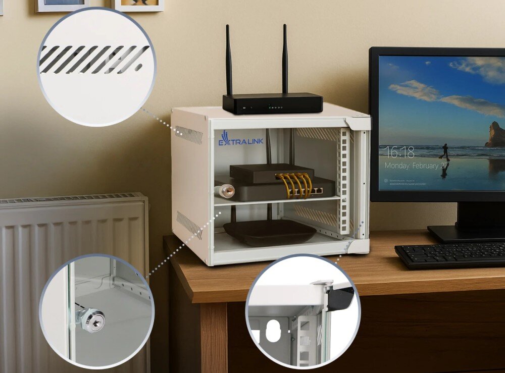 Szafa RACK EXTRALINK szafka rack z urządzeniami w środku oraz trzy graficzne zbliżenia pokazujące otwory wentylacyjne, zamek w drzwiach i wewnętrzne szyny montażowe