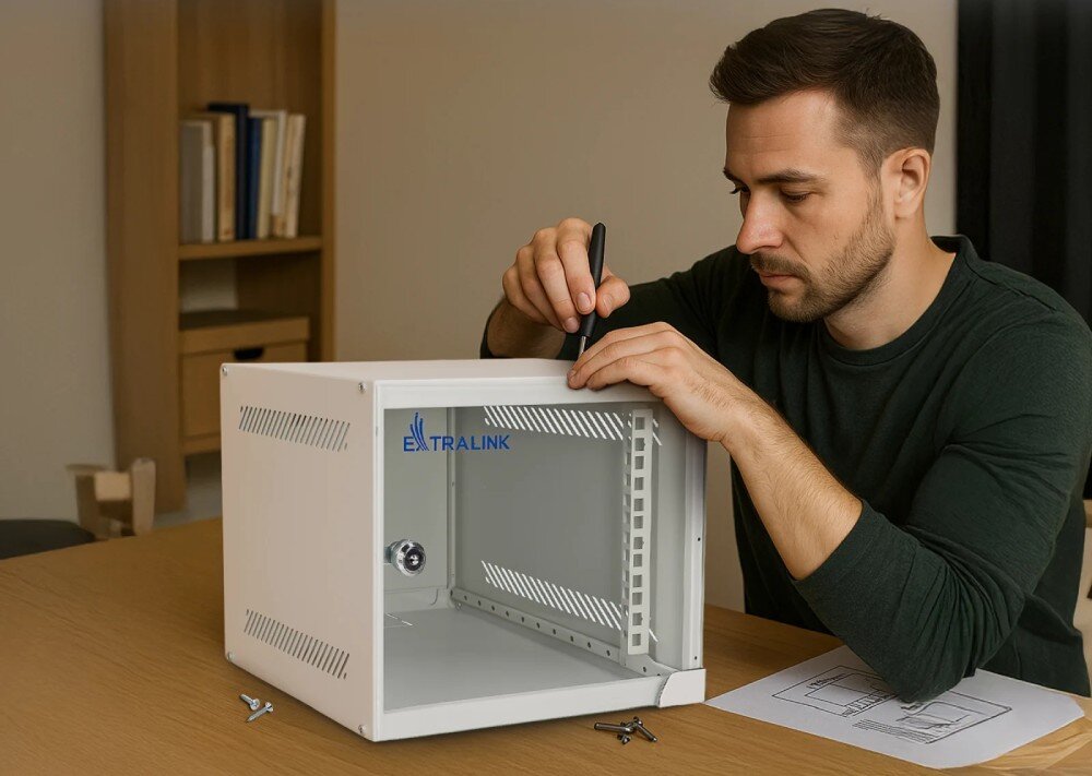 Szafa RACK EXTRALINK Mężczyzna montujący szafkę rack za pomocą śrubokręta przy drewnianym stole, na którym leży instrukcja z obrazkami i luźne śruby